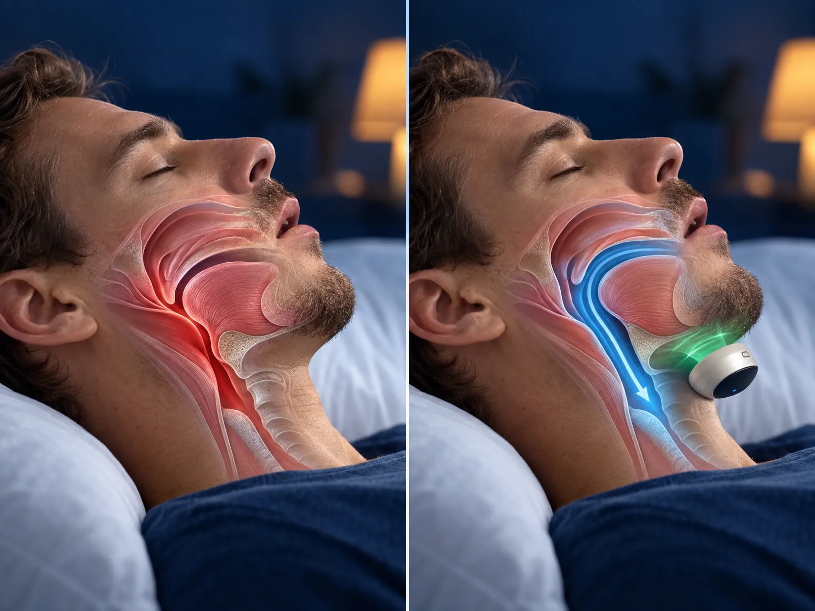 Cross-section of the throat: relaxed muscles close the airway, trained muscles keep it open