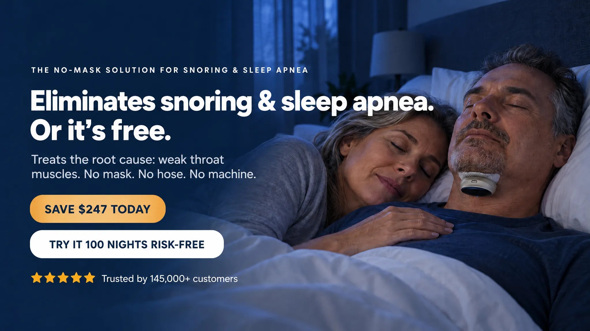 A couple sleeping peacefully together, the man wearing the small SleepEase device under his chin