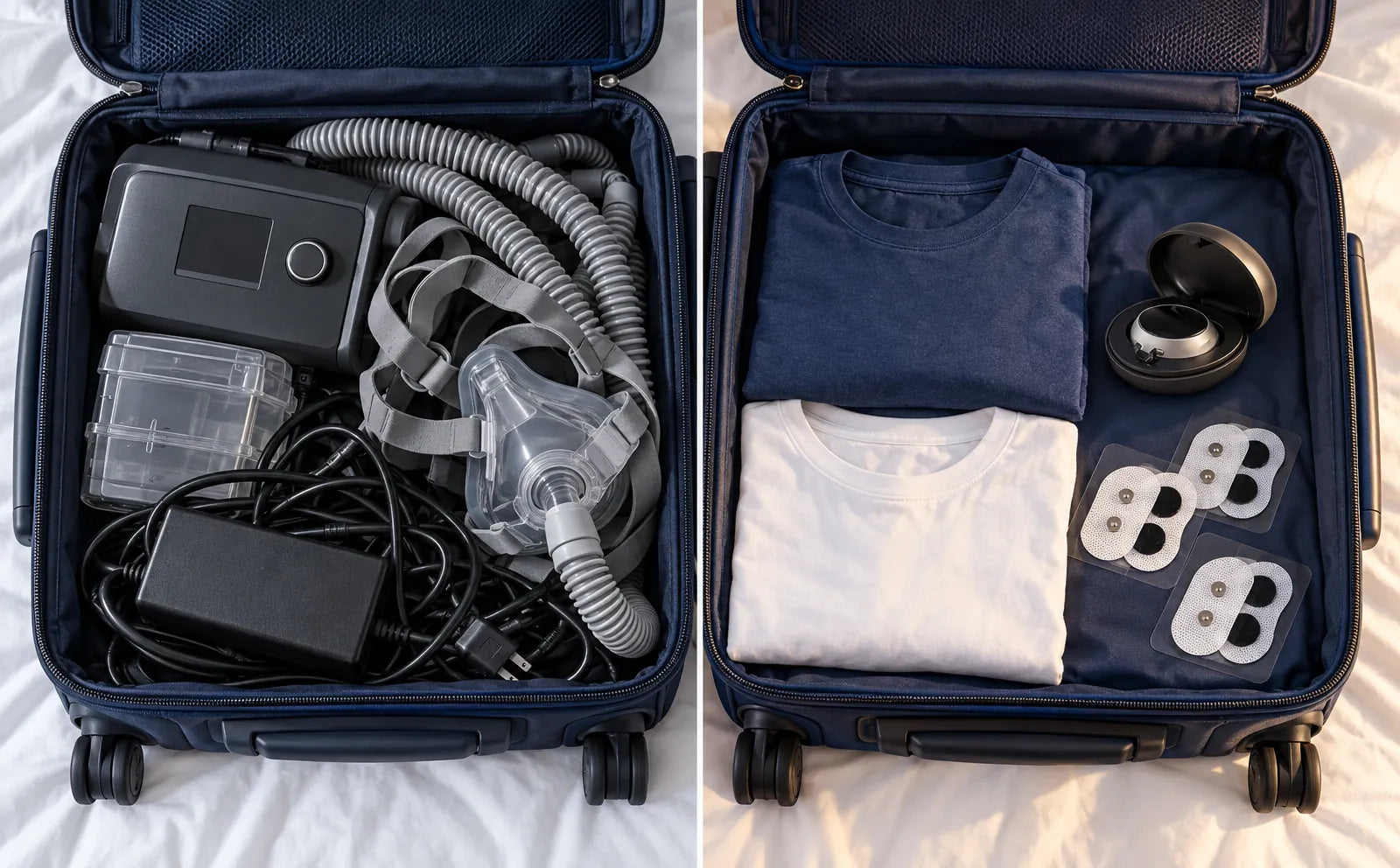 The same carry-on twice: one crammed with a CPAP machine, hose and mask; the other almost empty with just the small SleepEase case and a few patches